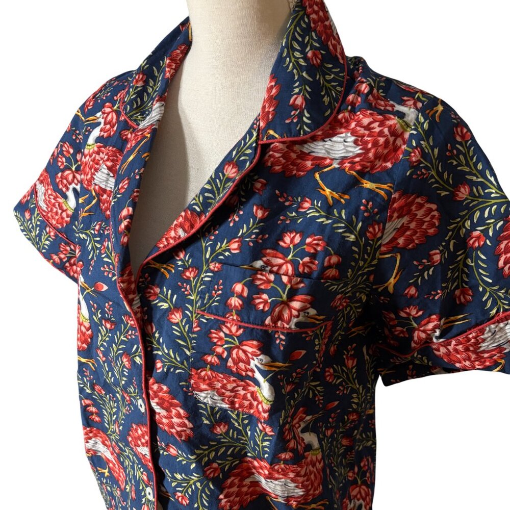 Printfresh Queen Lotus Button Down Pajama Top XS floral bird print navy shirt - Picture 5 of 8